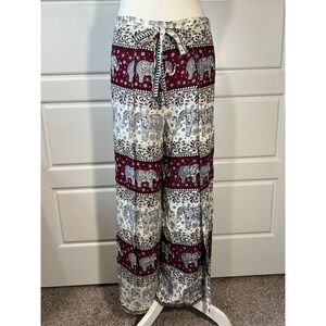 Elephant Print Pants Bohemian‎ Flowy Festival Lounge Tie Waist Maroon One Size